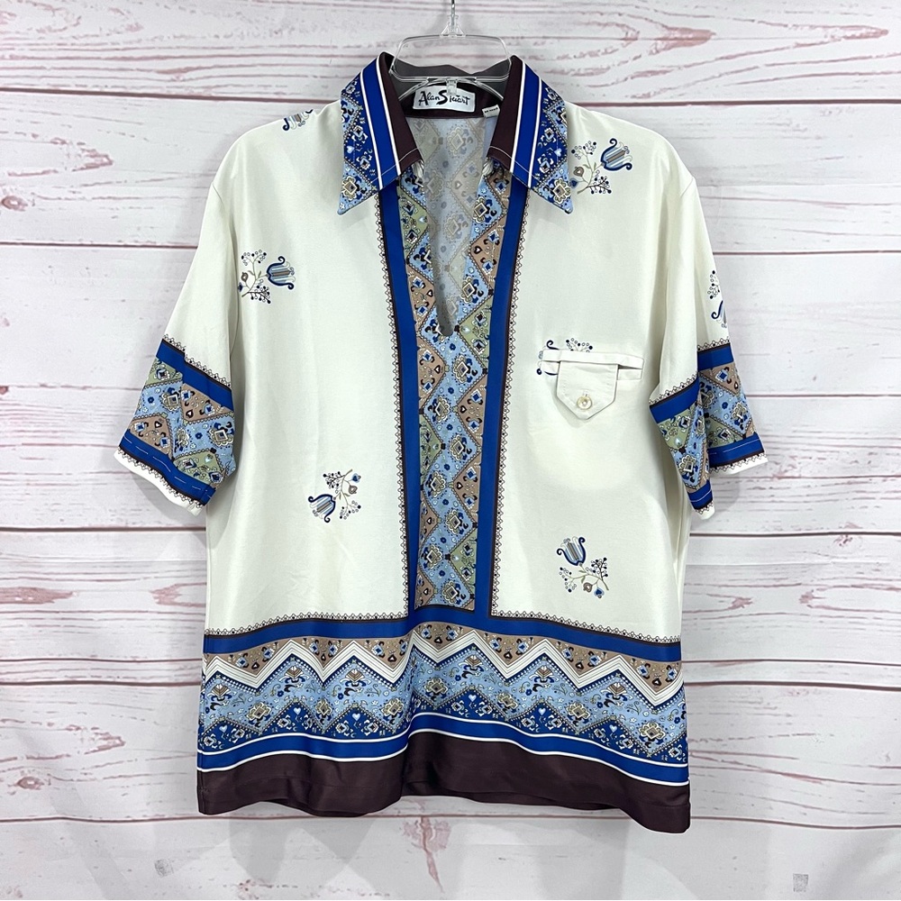 Vintage 70s Retro Alan Stuart Hughes & Hatcher Geo Floral Paisley Collared Shirt